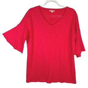 Joh Women Red Slub‎ Knit V-Neck Bell Sleeve Cotton T-Shirt Top K7208 Size Medium